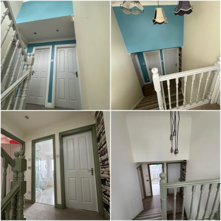 Various angles of a staircase leading to doors in a brightly lit hallway.