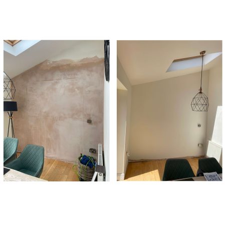 Before and after of a room showing a textured pink wall and a neutral white wall with lighting.
